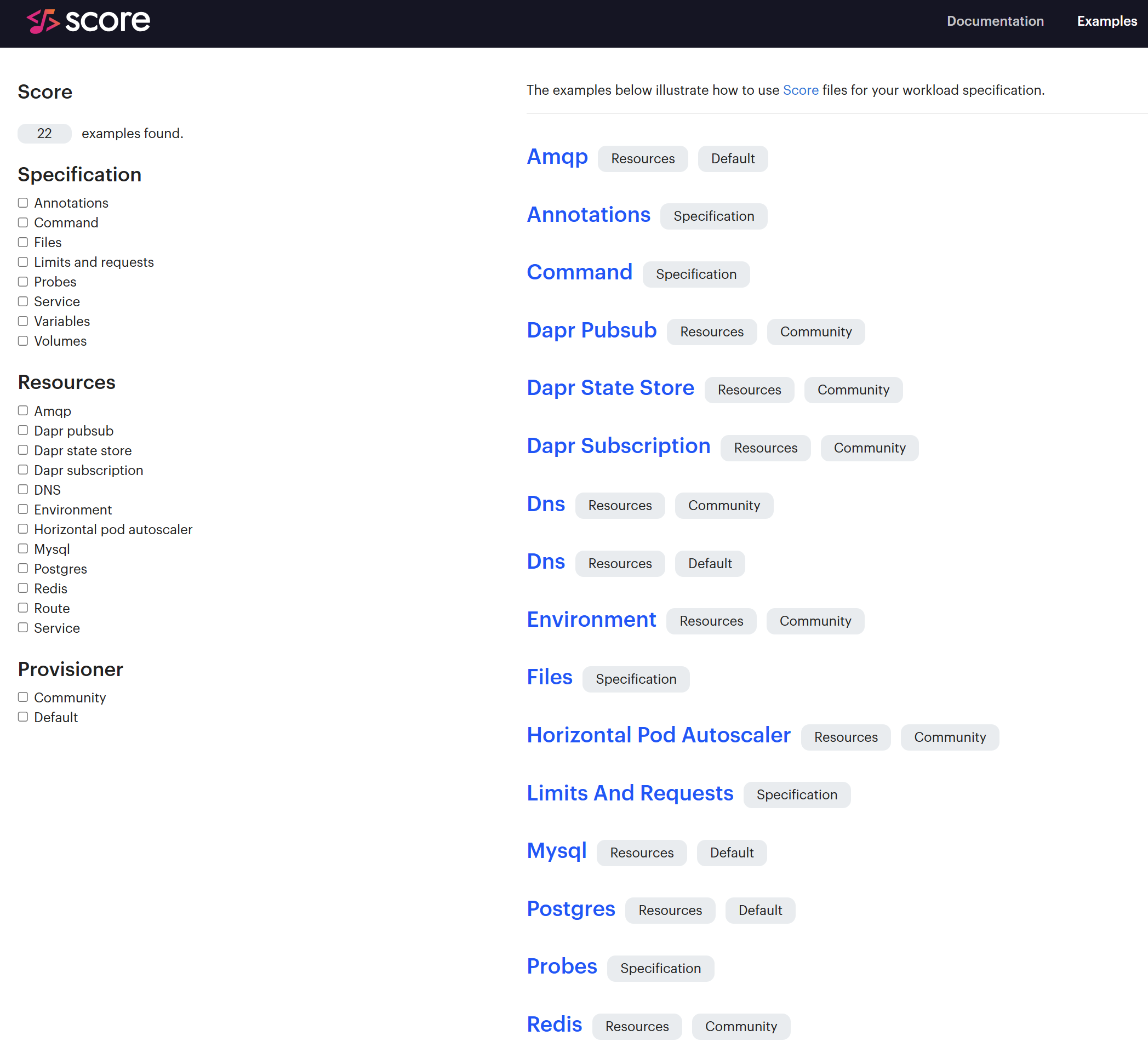 Screenshot of the Score Examples Hub