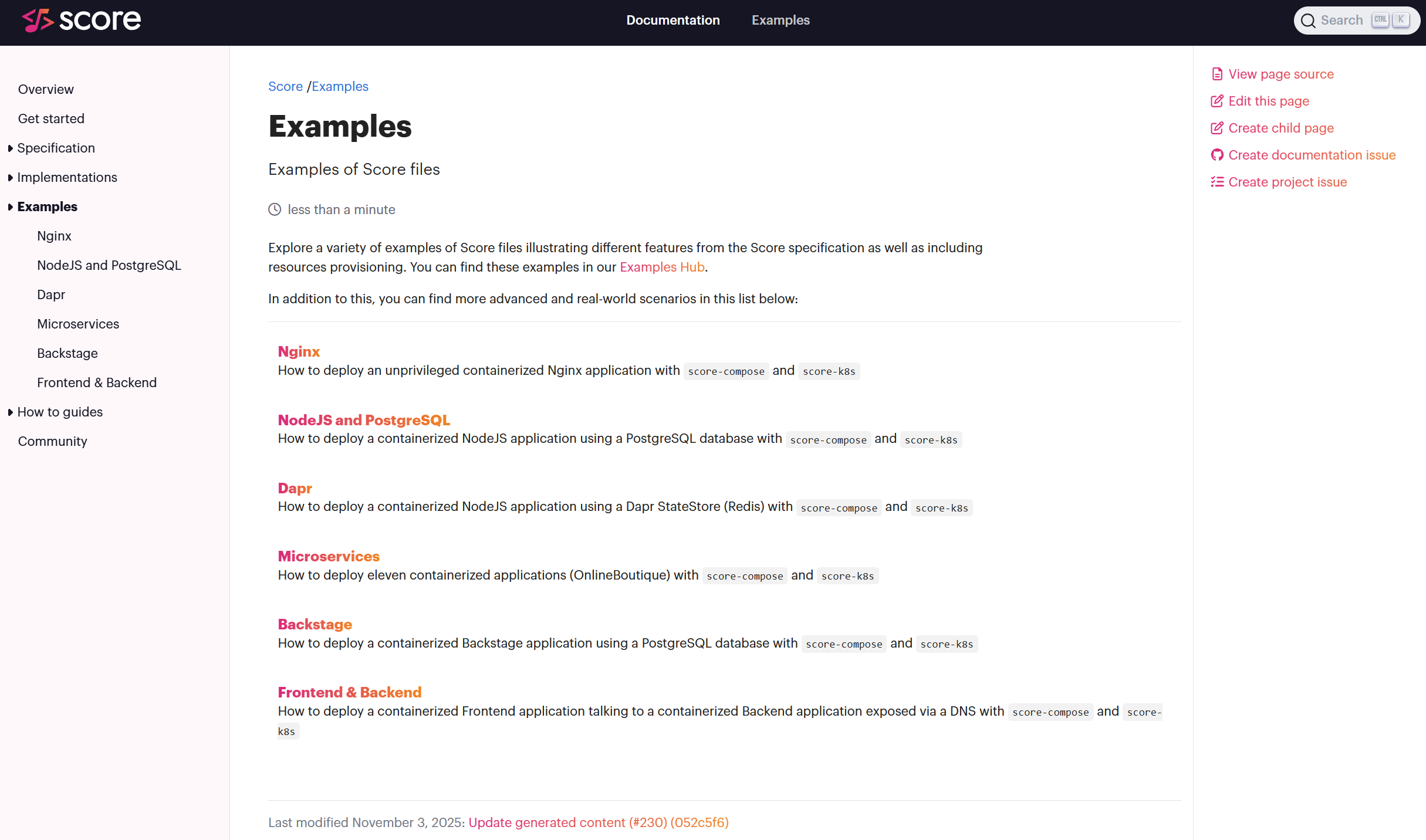 Screenshot of the Score Examples Hub for more advanced use cases