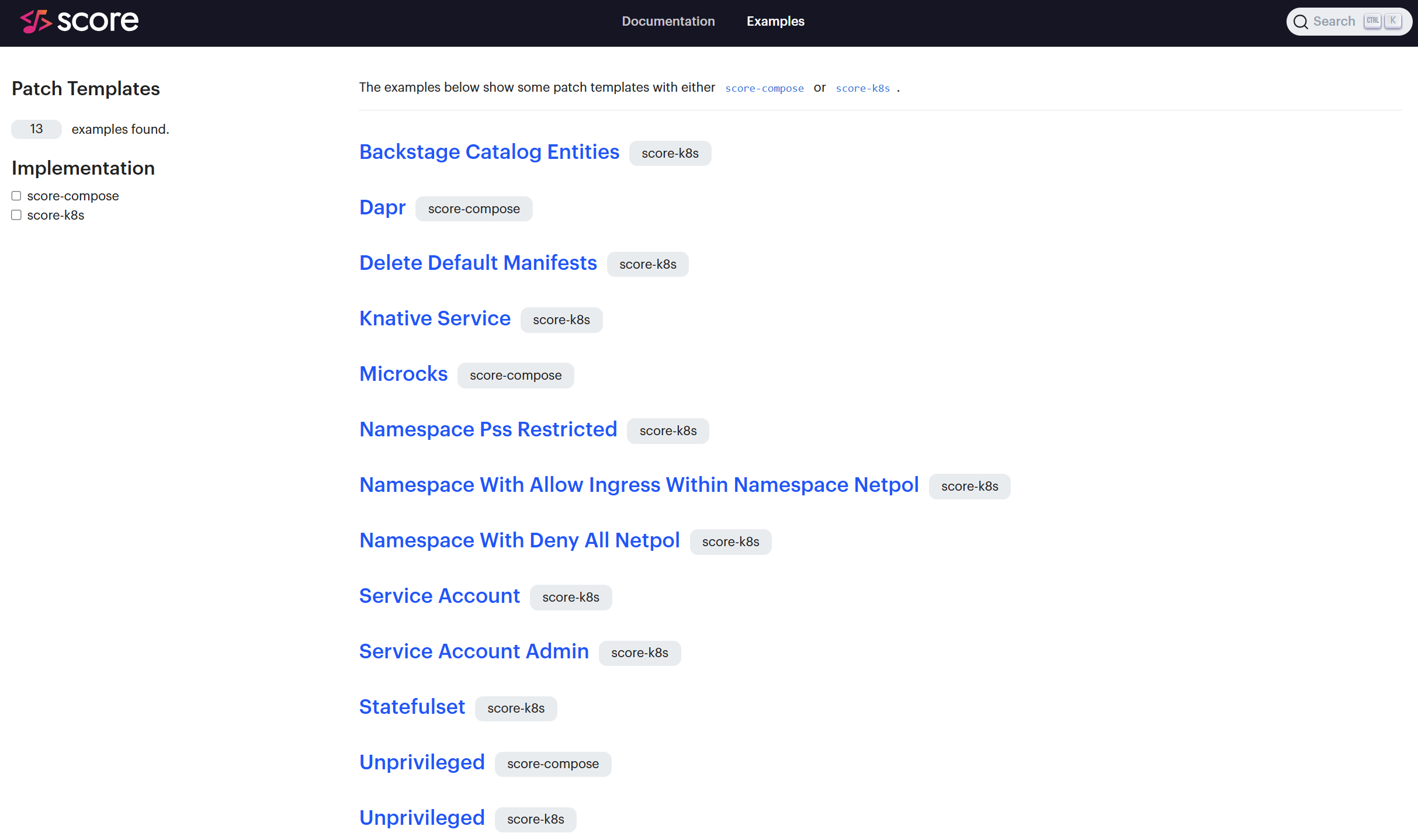 Screenshot of the Score Examples Hub for Patch Templates