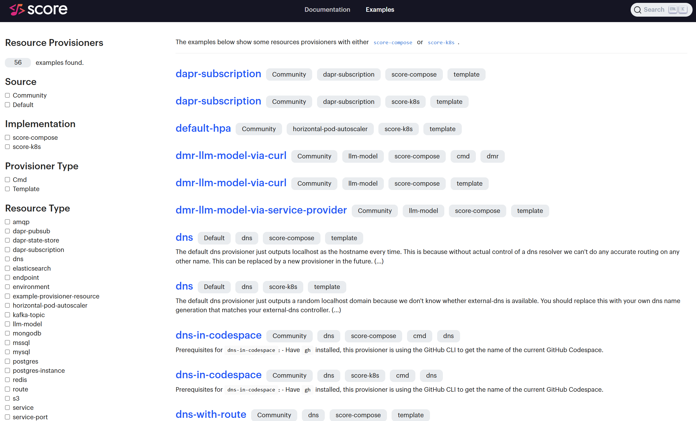Screenshot of the Score Examples Hub for Resources Provisioners